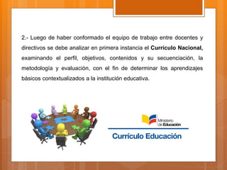 2.- Luego de haber conformado el equipo de trabajo entre docentes y
directivos se debe analizar en primera instancia el Currículo Nacional,
examinando el perfil, objetivos, contenidos y su secuenciación, la
metodología y evaluación, con el fin de determinar los aprendizajes
básicos contextualizados a la institución educativa.
 