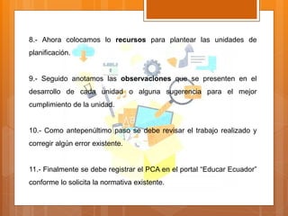 8.- Ahora colocamos lo recursos para plantear las unidades de
planificación.
9.- Seguido anotamos las observaciones que se presenten en el
desarrollo de cada unidad o alguna sugerencia para el mejor
cumplimiento de la unidad.
10.- Como antepenúltimo paso se debe revisar el trabajo realizado y
corregir algún error existente.
11.- Finalmente se debe registrar el PCA en el portal “Educar Ecuador”
conforme lo solicita la normativa existente.
 