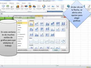 En esta ventana
te da muchos
estilos de
grafica para que
elebores el
trabajo
Al dar clic en
la flecha, se
abrira otra
opcion para
elegir
graficas
 
