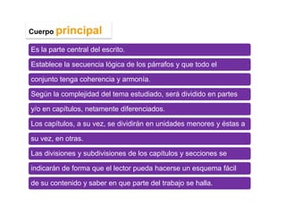 Cuerpo principal

Es la parte central del escrito.

Establece la secuencia lógica de los párrafos y que todo el

conjunto tenga coherencia y armonía.

Según la complejidad del tema estudiado, será dividido en partes

y/o en capítulos, netamente diferenciados.

Los capítulos, a su vez, se dividirán en unidades menores y éstas a

su vez, en otras.

Las divisiones y subdivisiones de los capítulos y secciones se

indicarán de forma que el lector pueda hacerse un esquema fácil

de su contenido y saber en que parte del trabajo se halla.
 