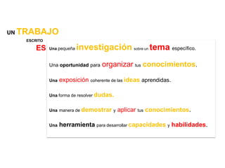 UN TRABAJO
   ESCRITO

       ES    Una pequeña   investigación sobre un tema específico.
             Una oportunidad para   organizar tus conocimientos.

             Una   exposición coherente de las ideas aprendidas.

             Una forma de resolver dudas.


             Una manera de demostrar y      aplicar tus conocimientos.

             Una   herramienta para desarrollar capacidades y habilidades.
 