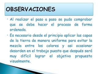 Al realizar el paso a paso se pudo comprobar que se debe hacer el proceso de forma ordenada. Es necesario desde el principio aplicar las capas de la tierra de manera uniforme para evitar la mezcla entre los colores y asi ocasionar desorden en el trabajo puesto que después será muy difícil lograr el objetivo propuesto visualmente. 