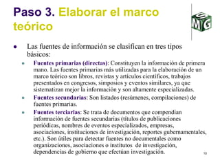 10
Paso 3. Elaborar el marco
teórico
 Las fuentes de información se clasifican en tres tipos
básicos:
 Fuentes primarias (directas): Constituyen la información de primera
mano. Las fuentes primarias más utilizadas para la elaboración de un
marco teórico son libros, revistas y artículos científicos, trabajos
presentados en congresos, simposios y eventos similares, ya que
sistematizan mejor la información y son altamente especializadas.
 Fuentes secundarias: Son listados (resúmenes, compilaciones) de
fuentes primarias.
 Fuentes terciarias: Se trata de documentos que compendian
información de fuentes secundarias (títulos de publicaciones
periódicas, nombres de eventos especializados, empresas,
asociaciones, instituciones de investigación, reportes gubernamentales,
etc.). Son útiles para detectar fuentes no documentales como
organizaciones, asociaciones o institutos de investigación,
dependencias de gobierno que efectúan investigación.
 