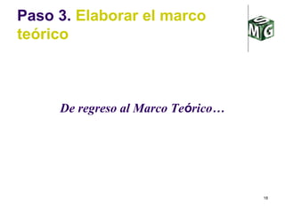18
Paso 3. Elaborar el marco
teórico
De regreso al Marco Teórico…
 
