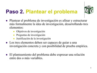 5
Paso 2. Plantear el problema
 Plantear el problema de investigación es afinar y estructurar
más formalmente la idea de investigación, desarrollando tres
elementos:
 Objetivos de investigación
 Preguntas de investigación
 Justificación de la investigación
 Los tres elementos deben ser capaces de guiar a una
investigación concreta y con posibilidad de prueba empírica.
 El planteamiento del problema debe expresar una relación
entre dos o más variables.
 