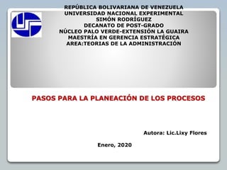 PASOS PARA LA PLANEACIÓN DE LOS PROCESOS
Autora: Lic.Lixy Flores
Enero, 2020
REPÚBLICA BOLIVARIANA DE VENEZUELA
UNIVERSIDAD NACIONAL EXPERIMENTAL
SIMÓN RODRÍGUEZ
DECANATO DE POST-GRADO
NÚCLEO PALO VERDE-EXTENSIÓN LA GUAIRA
MAESTRÍA EN GERENCIA ESTRATÉGICA
AREA:TEORIAS DE LA ADMINISTRACIÓN
 