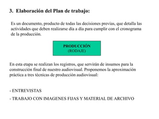 3. Elaboración del Plan de trabajo:

Es un documento, producto de todas las decisiones previas, que detalla las
actividades que deben realizarse día a día para cumplir con el cronograma
de la producción.

                              PRODUCCIÓN
                                (RODAJE)


En esta etapa se realizan los registros, que servirán de insumos para la
construcción final de nuestro audiovisual. Proponemos la aproximación
práctica a tres técnicas de producción audiovisual:


- ENTREVISTAS
- TRABAJO CON IMAGENES FIJAS Y MATERIAL DE ARCHIVO
 