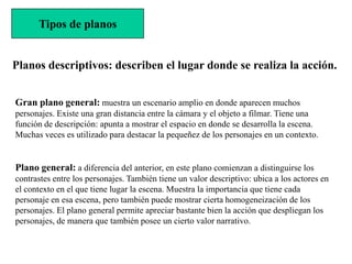 Tipos de planos


Planos descriptivos: describen el lugar donde se realiza la acción.


Gran plano general: muestra un escenario amplio en donde aparecen muchos
personajes. Existe una gran distancia entre la cámara y el objeto a filmar. Tiene una
función de descripción: apunta a mostrar el espacio en donde se desarrolla la escena.
Muchas veces es utilizado para destacar la pequeñez de los personajes en un contexto.


Plano general: a diferencia del anterior, en este plano comienzan a distinguirse los
contrastes entre los personajes. También tiene un valor descriptivo: ubica a los actores en
el contexto en el que tiene lugar la escena. Muestra la importancia que tiene cada
personaje en esa escena, pero también puede mostrar cierta homogeneización de los
personajes. El plano general permite apreciar bastante bien la acción que despliegan los
personajes, de manera que también posee un cierto valor narrativo.
 