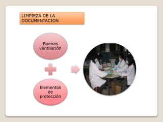 Buenas
ventilación
Elementos
de
protección
LIMPIEZA DE LA
DOCUMENTACION
 