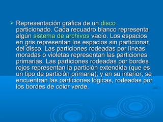 Representación gráfica de unRepresentación gráfica de un discodisco
particionado. Cada recuadro blanco representaparticionado. Cada recuadro blanco representa
algúnalgún sistema de archivossistema de archivos vacío. Los espaciosvacío. Los espacios
en gris representan los espacios sin particionaren gris representan los espacios sin particionar
del disco. Las particiones rodeadas por líneasdel disco. Las particiones rodeadas por líneas
moradas o violetas representan las particionesmoradas o violetas representan las particiones
primarias. Las particiones rodeadas por bordesprimarias. Las particiones rodeadas por bordes
rojos representan la partición extendida (que esrojos representan la partición extendida (que es
un tipo de partición primaria); y en su interior, seun tipo de partición primaria); y en su interior, se
encuentran las particiones lógicas, rodeadas porencuentran las particiones lógicas, rodeadas por
los bordes de color verde.los bordes de color verde.
 