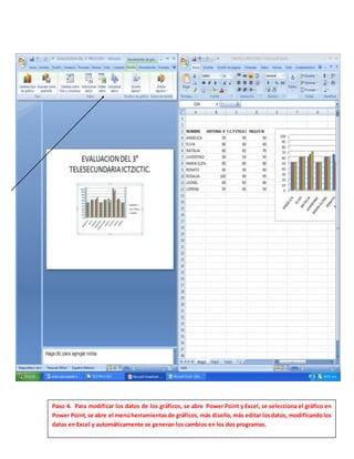 Paso 4. Para modificar los datos de los gráficos, se abre Power Point y Excel, se selecciona el gráfico en
Power Point,se abre el menúherramientasde gráficos, más diseño,más editar losdatos, modificandolos
datos en Excel y automáticamente se generan los cambios en los dos programas.
 