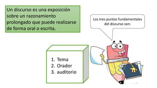Un discurso es una exposición
sobre un razonamiento
prolongado que puede realizarse
de forma oral o escrita.
1. Tema
2. Orador
3. auditorio
Los tres puntos fundamentales
del discurso son: