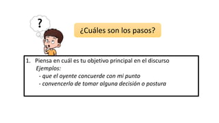 ¿Cuáles son los pasos?
1. Piensa en cuál es tu objetivo principal en el discurso
Ejemplos:
- que el oyente concuerde con mi punto
- convencerlo de tomar alguna decisión o postura