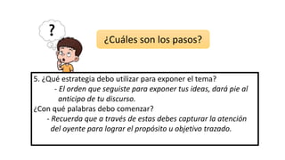 5. ¿Qué estrategia debo utilizar para exponer el tema?
- El orden que seguiste para exponer tus ideas, dará pie al
anticipo de tu discurso.
¿Con qué palabras debo comenzar?
- Recuerda que a través de estas debes capturar la atención
del oyente para lograr el propósito u objetivo trazado.
¿Cuáles son los pasos?