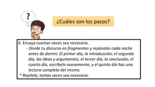 6. Ensaya cuantas veces sea necesario.
- Divide tu discurso en fragmentos y repásalos cada noche
antes de dormir. El primer día, la introducción; el segundo
día, las ideas y argumentos; el tercer día, la conclusión; el
cuarto día, escríbelo nuevamente, y el quinto día haz una
lectura completa del mismo.
* Repítelo, tantas veces sea necesario.
¿Cuáles son los pasos?