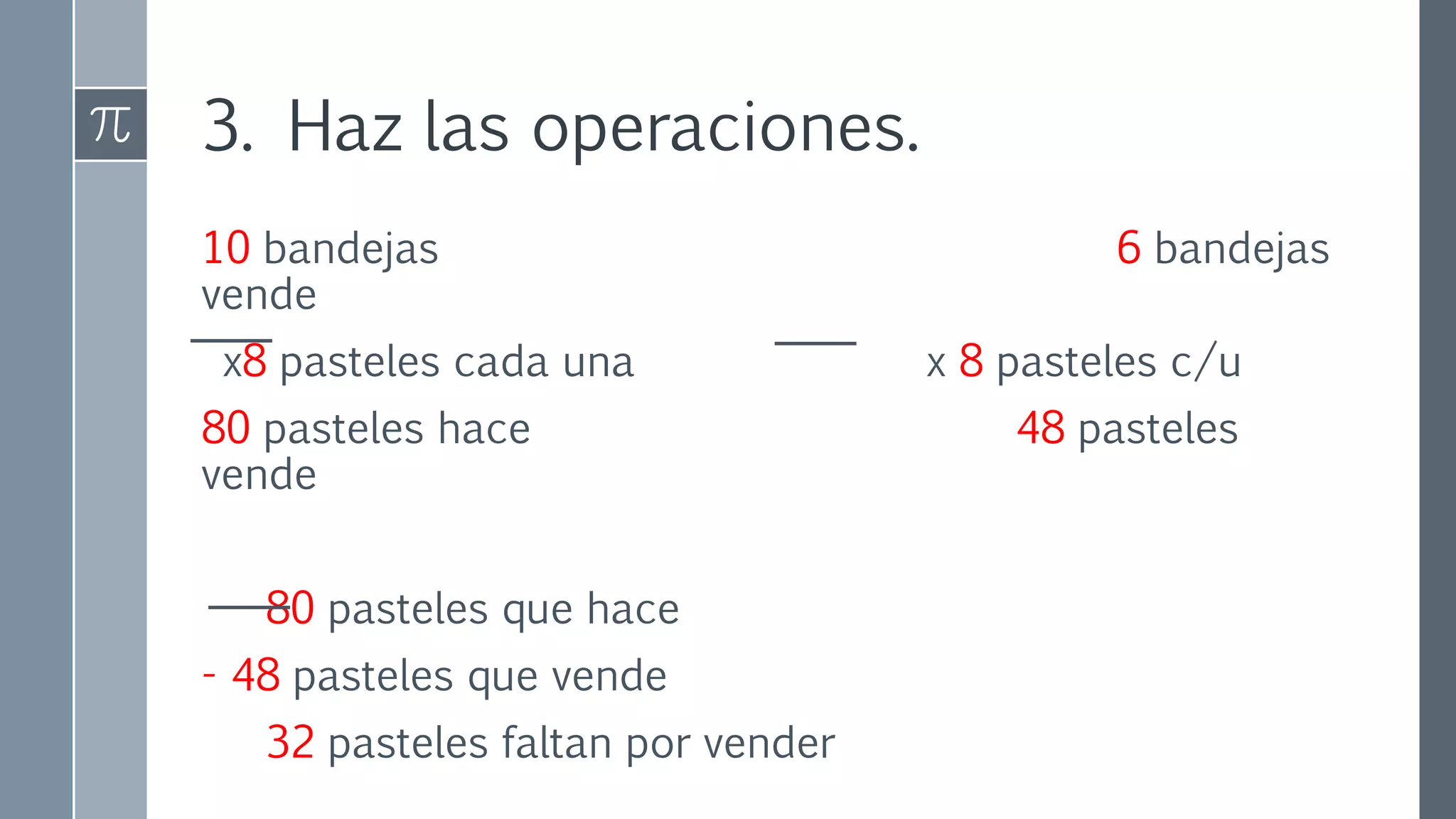 3. Haz las operaciones.
10 bandejas 6 bandejas
vende
x8 pasteles cada una x 8 pasteles c/u
80 pasteles hace 48 pasteles
vende
80 pasteles que hace
- 48 pasteles que vende
32 pasteles faltan por vender
 