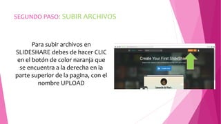 SEGUNDO PASO: SUBIR ARCHIVOS 
Para subir archivos en 
SLIDESHARE debes de hacer CLIC 
en el botón de color naranja que 
se encuentra a la derecha en la 
parte superior de la pagina, con el 
nombre UPLOAD 
 