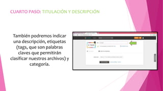 CUARTO PASO: TITULACIÓN Y DESCRIPCIÓN 
También podremos indicar 
una descripción, etiquetas 
(tags, que son palabras 
claves que permitirán 
clasificar nuestros archivos) y 
categoría. 
 