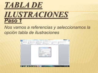 TABLA DE
ILUSTRACIONES
Paso 1
Nos vamos a referencias y seleccionamos la
opción tabla de ilustraciones
 