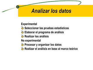 Analizar los datos Experimental Seleccionar las pruebas estadísticas Elaborar el programa de análisis Realizar los análisis No experimental Procesar y organizar los datos Realizar el análisis en base al marco teórico 