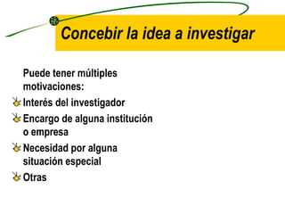 Concebir la idea a investigar Puede tener múltiples motivaciones: Interés del investigador Encargo de alguna institución o empresa Necesidad por alguna situación especial Otras 
