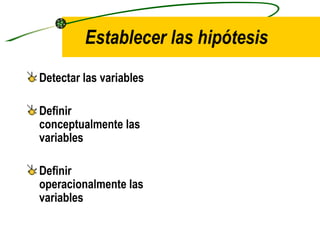 Establecer las hipótesis Detectar las variables Definir conceptualmente las variables Definir operacionalmente las variables 