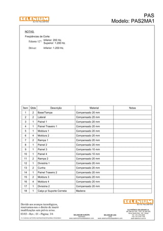 A L T O - F A L A N T E S 
NOTAS: 
Freqüências de Corte: 
Inferior: 200 Hz. 
Falante 12": 
Driver: Inferior: 1.200 Hz. 
Superior: 1.200 Hz. 
Ítem Qtde Descrição Material Notas 
1 2 Base/Tampa Compensado 20 mm 
2 2 Lateral Compensado 20 mm 
3 1 Painel 1 Compensado 20 mm 
4 1 Painel Traseiro 1 Compensado 20 mm 
5 1 Moldura 1 Compensado 20 mm 
6 4 Moldura 2 Compensado 20 mm 
7 2 Rampa 1 Compensado 20 mm 
8 1 Painel 2 Compensado 20 mm 
9 1 Painel 3 Compensado 10 mm 
10 1 Painel 4 Compensado 10 mm 
11 2 Rampa 2 Compensado 20 mm 
12 1 Divisória 1 Compensado 20 mm 
13 2 Cunha Compensado 20 mm 
14 1 Painel Traseiro 2 Compensado 20 mm 
15 2 Moldura 3 Compensado 20 mm 
16 4 Moldura 4 Compensado 20 mm 
17 1 Divisória 2 Compensado 20 mm 
18 1 Calço p/ Suporte Corneta Madeira 
Devido aos avanços tecnológicos, 
reservamos-nos o direito de inserir 
modificações sem prévio aviso. 
PAS 
Modelo: PAS2MA1 
ELETRÔNICA SELENIUM S.A. 
BR 386 Km 435 - CEP: 92.480-000 
Nova Santa Rita - RS - Brasil 
Tel.: (51) 479-4000 
Fax: (51) 479-1150 
www.selenium.com.br 
SELENIUM USA 
USA 
www.seleniumloudspeakers.com 
SELENIUM EUROPE 
Germany 
www.seleniumloudspeakers.com 
A L T O - F A L A N T E S 
03/03 - Rev.: 01 - Página: 3/6 
F:CAIXAS ACÚSTICASPASPAS2PAS2MA1PAS2MA1 
 