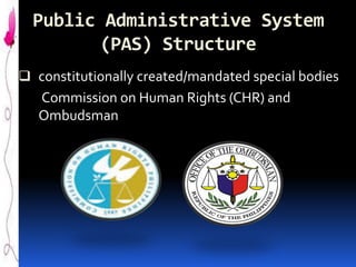 Public Administrative System
(PAS) Structure
 constitutionally created/mandated special bodies

Commission on Human Rights (CHR) and
Ombudsman

 