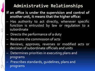 Administrative Relationships
If an office is under the supervision and control of
another unit, it means that the higher office:
– Has authority to act directly, whenever specific
function is entrusted by law or regulation to a
subordinate
– Directs the performance of a duty
– Restrains the commission of acts
– Reviews, approves, reverses or modified acts or
decision of subordinate officials and units
– Determines priorities in executing plans and
programs
– Prescribes standards, guidelines, plans and
programs

 