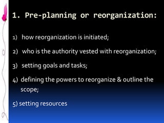 1. Pre-planning or reorganization:
1) how reorganization is initiated;

2) who is the authority vested with reorganization;

3) setting goals and tasks;
4) defining the powers to reorganize & outline the
scope;
5) setting resources

 