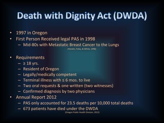 • 1997 in Oregon
• First Person Received legal PAS in 1998
– Mid-80s with Metastatic Breast Cancer to the Lungs
• Requirements
– ≥ 18 yrs.
– Resident of Oregon
– Legally/medically competent
– Terminal illness with ≤ 6 mos. to live
– Two oral requests & one written (two witnesses)
– Confirmed diagnosis by two physicians
• Annual Report 2012
– PAS only accounted for 23.5 deaths per 10,000 total deaths
– 673 patients have died under the DWDA
(Hendin, Foley, & White, 1998)
(Oregon Public Health Division, 2012)
 