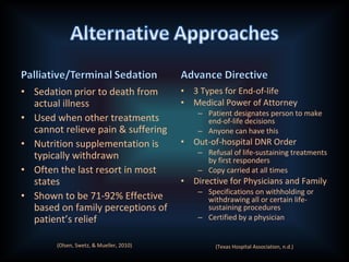 • Sedation prior to death from
actual illness
• Used when other treatments
cannot relieve pain & suffering
• Nutrition supplementation is
typically withdrawn
• Often the last resort in most
states
• Shown to be 71-92% Effective
based on family perceptions of
patient’s relief
• 3 Types for End-of-life
• Medical Power of Attorney
– Patient designates person to make
end-of-life decisions
– Anyone can have this
• Out-of-hospital DNR Order
– Refusal of life-sustaining treatments
by first responders
– Copy carried at all times
• Directive for Physicians and Family
– Specifications on withholding or
withdrawing all or certain life-
sustaining procedures
– Certified by a physician
(Olsen, Swetz, & Mueller, 2010) (Texas Hospital Association, n.d.)
 