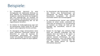 • Ein Grosshändler übernimmt für seine
Vertragskunden die redaktionelle Befüllung von
deren Websites mit Produktinformationen und
Neuigkeiten. Gleichzeitig werden die Neuigkeiten
über eine Endkunden-App, auf Facebook und
Twitter publiziert. Die Informationen kommen aus
der eigenen Marketingabteilung oder von den
angeschlossenen Herstellern.
• Ein Anbieter für Ernährungsberatung organ siert
die wöchentlichen Treffen mittels der von jeder
Agentur selbst eingestellten Termine und News.
• Ein überregional tätiger Seminaranbieter bietet
seinen Teilnehmern differenziert Material und
Mitschriften an, sowie den Austausch der
Seminargruppe untereinander. Die Themen
werden vom jeweiligen Seminarleiter eingestellt
und der spezifischen Gruppe mit Log-In zugeteilt.
Beispiele:
• Ein Steuerberater oder Rechtsanwälte informiert
über Termine, neue Rechtsprechungen und
Hintergründe. Die Themen werden von den
Ressortleitern hochgeladen. Die Benutzer
entscheiden selektiv nach Interessensgebiet.
• Ein Immobilienvertrieb inseriert seine Objekte
nachdem sie erfasst wurden, automatisch mit
einem Klick auf Immoscout & Co und gleichzeitig
auf Facebook und Twitter, per News auf der
jeweiligen App (SmartPhone, Smart-TV und
Tablet-PC).
• Beispiel Für Geo-Taggin: Eine politische Partei
bietet den regionalen Ortsgruppen über PAS
regionale News und Events in das System zu
veröffentlichen. Der App-User erhält nur
regionale relevante Informationen, die genau
seinem Aufenthaltsort, sprich GPS-Standort oder
Funkzelle, entsprechen. Anmerkung: Über 40%
aller Apps werden genutzt um regionale
Informationen abzurufen.
 