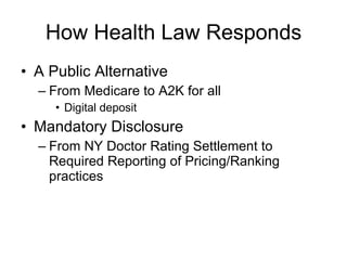 How Health Law Responds A Public Alternative From Medicare to A2K for all Digital deposit Mandatory Disclosure From NY Doctor Rating Settlement to Required Reporting of Pricing/Ranking practices 