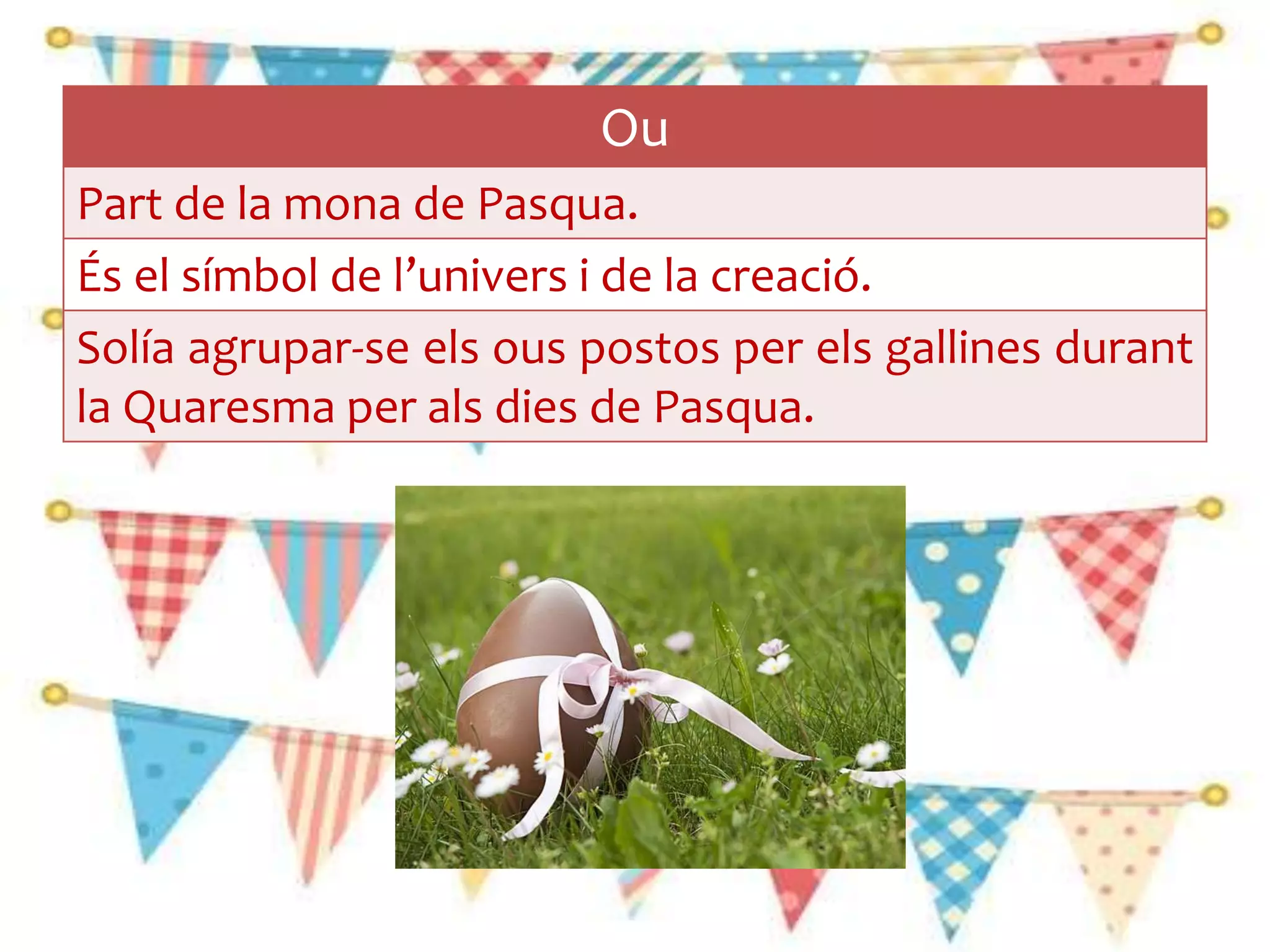 Ou
Part de la mona de Pasqua.
És el símbol de l’univers i de la creació.
Solía agrupar-se els ous postos per els gallines durant
la Quaresma per als dies de Pasqua.
 