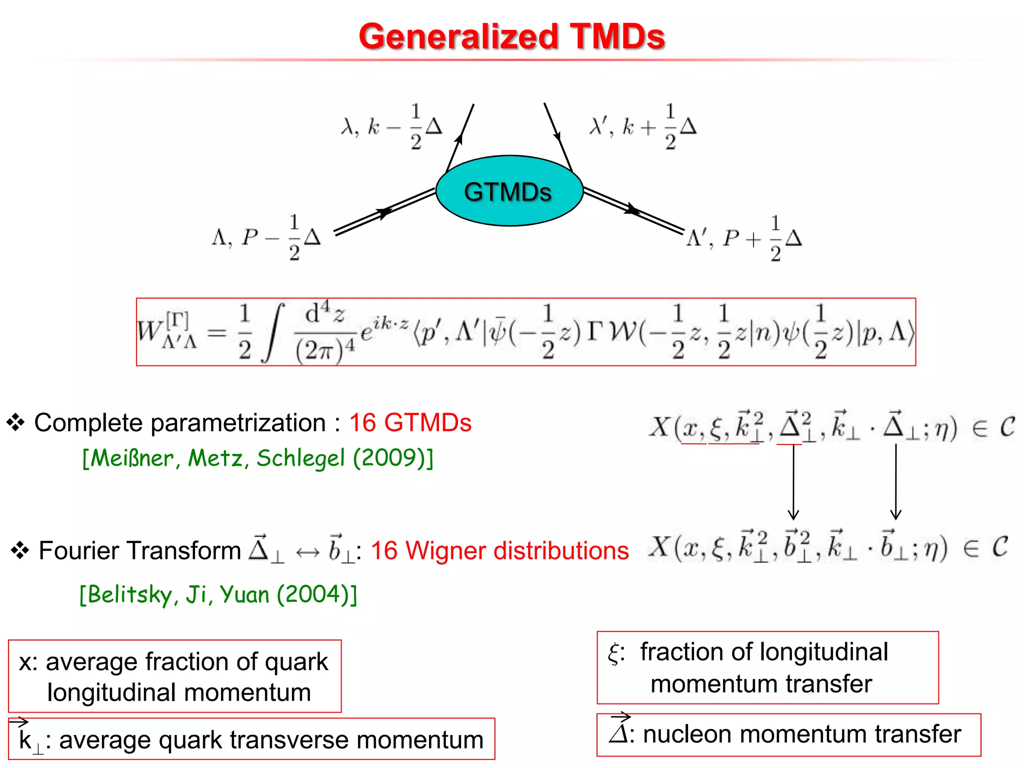 Generalized TMDs
GTMDs
 Complete parametrization : 16 GTMDs
[Meißner, Metz, Schlegel (2009)]
 Fourier Transform : 16 Wigner distributions
[Belitsky, Ji, Yuan (2004)]
x: average fraction of quark
longitudinal momentum
»: fraction of longitudinal
momentum transfer
k?: average quark transverse momentum ¢: nucleon momentum transfer
 