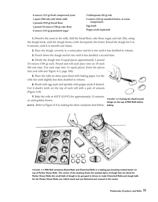 1. Dissolve the yeast in the milk. Add the bread flour, cake flour, sugar, and salt. Mix, using
the dough hook, until the dough forms a ball. Incorporate the butter. Knead the dough for 6 to
8 minutes, until it is smooth and elastic.
2. Place the dough, covered, in a warm place and let it rise until it has doubled in volume.
3. Punch down the dough and let rise until it has doubled a second time.
4. Divide the dough into 4 equal pieces approximately 1 pound
10 ounces (740 g) each. Pound and roll each piece into an 18-inch
(45-cm) rope. Cut each rope into 12 equal pieces. Form the pieces
into oval rolls (see Figure 4-2, page 186).
5. Place the rolls on sheet pans lined with baking paper. Let the
rolls rise until slightly less than doubled in volume.
6. Brush with egg wash and sprinkle with poppy seeds if desired.
Cut 4 shark’s teeth on the top of each roll with a pair of scissors
(Figure 4-8).
7. Bake the rolls at 425°F (219°C) for approximately 12 minutes
or until golden brown.
N O T E : Refer to Figure 4-9 in making the three variations that follow.
Flatbreads, Crackers, and Rolls 199
FIGURE 4-8 Cutting the shark’s-tooth
design on the top of Milk Rolls before
baking
FIGURE 4-9 Milk Roll variations: Butterflake and Cloverleaf Rolls in a baking pan; brushing melted butter on
top of Parker House Rolls. The center of the drawing shows the stacked layers of dough that are sliced for
Parker House Rolls; the small balls of dough to be grouped in threes to make Cloverleaf Rolls; and dough balls
for the Parker House Rolls, one rolled round and one flattened and creased in the center.
4 ounces (115 g) fresh compressed yeast
1 quart (960 ml) cold whole milk
2 pounds (910 g) bread flour
1 pound 10 ounces (740 g) cake flour
4 ounces (115 g) granulated sugar
3 tablespoons (45 g) salt
8 ounces (225 g) unsalted butter, at room
temperature
Egg wash
Poppy seeds (optional)
 