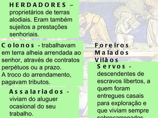 Servos  - descendentes de escravos libertos, a quem foram entregues casais para exploração e que viviam sempre sobrecarregados  com as jeiras. Colonos  - trabalhavam em terra alheia arrendada ao senhor, através de contratos perpétuos ou a prazo.  A troco do arrendamento, pagavam tributos. Assalariados  - viviam do aluguer ocasional do seu trabalho.  Havia também caçadores, colmeiros e pastores . Foreiros Malados Vilãos HERDADORES  – proprietários de terras alodiais. Eram também sujeitos a prestações senhoriais. 