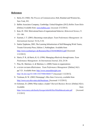 References
1- Berlo, D. (1960): The Process of Communication, Holt, Rinehart and Winston Inc.,
New York, NY.
2- Belbin Associates Company, Cambridge, United Kingdom (2012) Belbin Team Roles
[Online] Available from: www.belbin.com [Accessed: 2/12/2013]
3- Katz, D. 1964. Motivational basis of organizational behavior. Behavioral Science, 9:
131–146.
4- Scarnati, J. T. (2001). Becoming a team player. Team Performance Management: An
International Journal, 7(1/2), 5-10.
5- Saskia Tjepkema, 2003, The Learning Infrastructure of Self-Managing Work Teams,
Twente University Press, Edition 1, Nothingham. Available from
http://www.scotland.gov.uk/Resource/Doc/274194/0082012.pdf [Accessed:
1/12/2013]
6- Harris, P. R., & Harris, K. G. (1996). Managing effectively through teams. Team
Performance Management: An International Journal, 2(3), 23-36
7- Pina, M., Martinez, A. & Martinez, L. (2008) Teams in organizations:
8- a review on team effectiveness. Team Performance Management [Online] 14(1)
pp.7-21. Available from: http://www.emeraldinsight.com
http://dx.doi.org/10.1108/13527590810860177 [Accessed: 1/12/2013].
9- Tuckman, B. W. (2003) 'Homepage', Ohio State University, available from
http://www.coe.ohio-state.edu/btuckman [Accessed: 1/12/2013].
10- Goleman, D. (2004) What makes a leader? Harvard Business Review [Online] 82(1).

Available
https://www.mercy.edu/faculty/Georgas/inbs640/files/WhatMakesaLeader.pdf

from:
[Accessed:

2/12/2013]

8

 