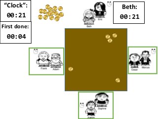 “Clock”:
00:21
First done:
00:04
Beth:
00:21
 