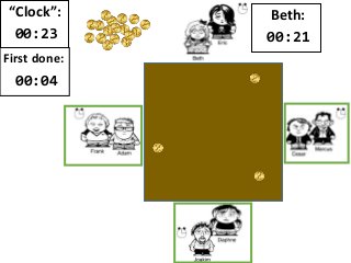 “Clock”:
00:23
First done:
00:04
Beth:
00:21
 