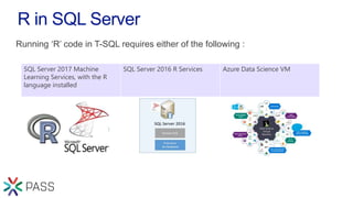 R in SQL Server
Running ‘R’ code in T-SQL requires either of the following :
SQL Server 2017 Machine
Learning Services, with the R
language installed
SQL Server 2016 R Services Azure Data Science VM
 