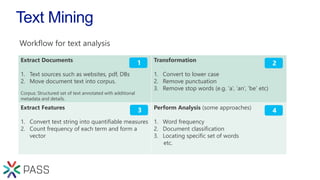 Text Mining
Extract Documents
1. Text sources such as websites, pdf, DBs
2. Move document text into corpus.
Corpus: Structured set of text annotated with additional
metadata and details.
Transformation
1. Convert to lower case
2. Remove punctuation
3. Remove stop words (e.g. ‘a’, ‘an’, ‘be’ etc)
Extract Features
1. Convert text string into quantifiable measures
2. Count frequency of each term and form a
vector
Perform Analysis (some approaches)
1. Word frequency
2. Document classification
3. Locating specific set of words
etc.
 