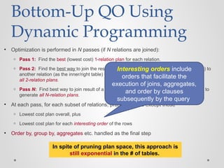 • Optimization is performed in N passes (if N relations are joined):
o Pass 1: Find the best (lowest cost) 1-relation plan for each relation.
o Pass 2: Find the best way to join the result of each 1-relation plan (as the outer/left table) to
another relation (as the inner/right table) to generate
all 2-relation plans.
o Pass N: Find best way to join result of a (N-1)-relation plan (as outer) to the N’th relation to
generate all N-relation plans.
• At each pass, for each subset of relations, prune all plans except those
o Lowest cost plan overall, plus
o Lowest cost plan for each interesting order of the rows
• Order by, group by, aggregates etc. handled as the final step
Bottom-Up QO Using
Dynamic Programming
In spite of pruning plan space, this approach is
still exponential in the # of tables.
Interesting orders include
orders that facilitate the
execution of joins, aggregates,
and order by clauses
subsequently by the query
 