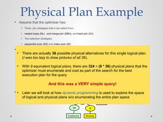 Physical Plan Example
• Assume that the optimizer has:
o Three join strategies that it can select from:
o nested loops (NL), sort-merge join (SMJ), and hash join (HJ)
o Two selection strategies:
o sequential scan (SS) and index scan (IS)
• Consider one of the 9 logical plans
• Here is one possible physical plan
Select Select
Join
Customers Reviews
Project
Join
Movies
SS IS
HJ
Customers Reviews
Project
NL
Movies
• There are actually 36 possible physical alternatives for this single logical plan.
(I was too lazy to draw pictures of all 36).
• With 9 equivalent logical plans, there are 324 = (9 * 36) physical plans that the
optimizer must enumerate and cost as part of the search for the best
execution plan for the query
And this was a VERY simple query!
• Later we will look at how dynamic programming is used to explore the space
of logical and physical plans w/o enumerating the entire plan space
 