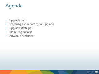 Agenda

•   Upgrade path
•   Preparing and reporting for upgrade
•   Upgrade strategies
•   Measuring success
•   Advanced scenarios




                                          DBA-308
 