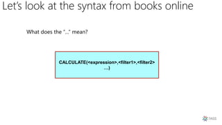 Let’s look at the syntax from books online
CALCULATE(<expression>,<filter1>,<filter2>
…)
 