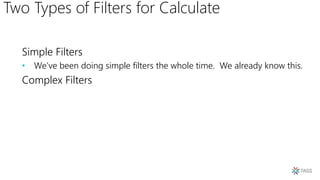 Two Types of Filters for Calculate
Simple Filters
• We’ve been doing simple filters the whole time. We already know this.
Complex Filters
 
