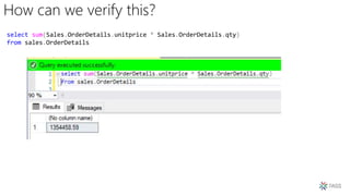 How can we verify this?
select sum(Sales.OrderDetails.unitprice * Sales.OrderDetails.qty)
from sales.OrderDetails
 