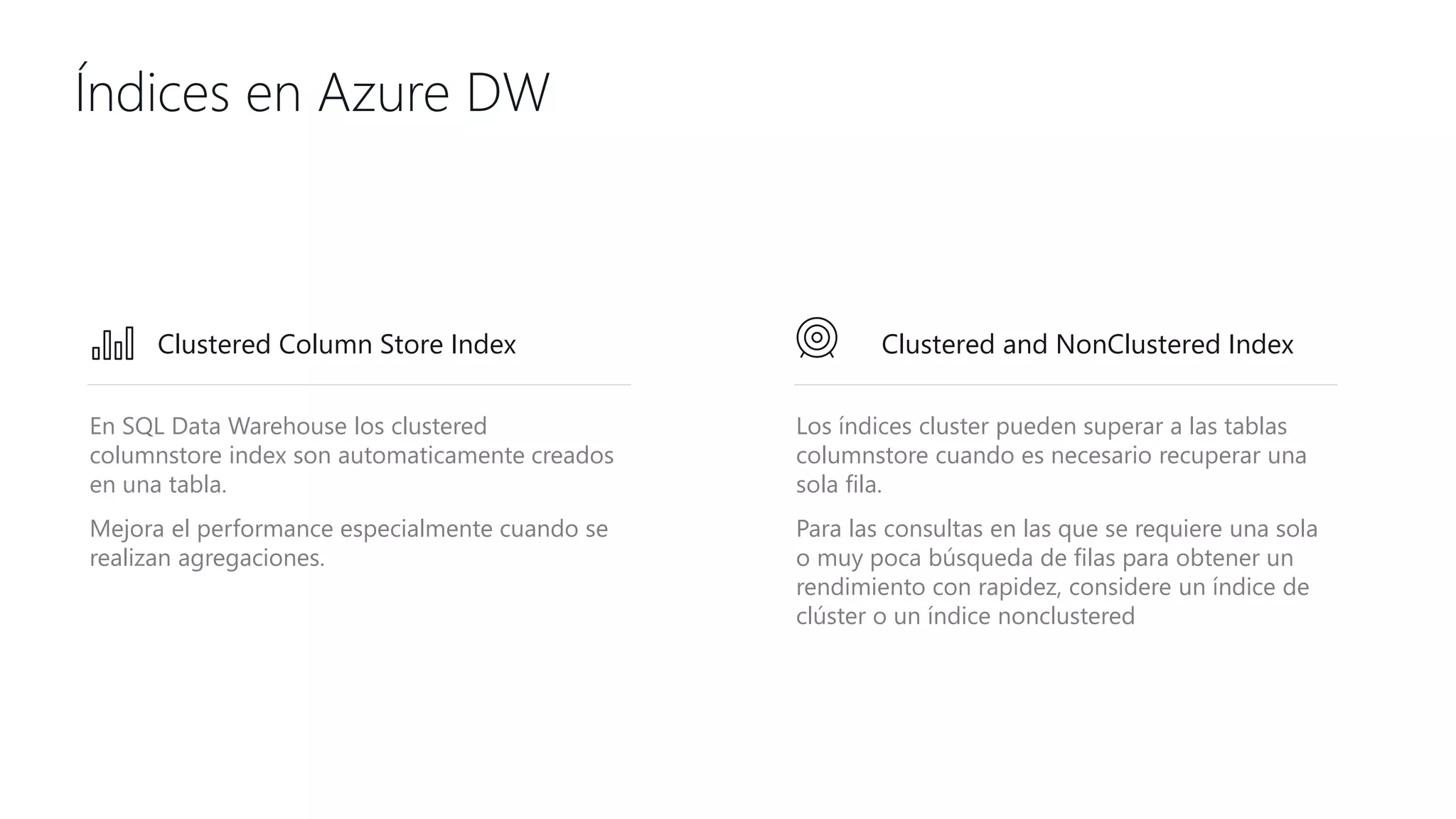 Índices en Azure DW
En SQL Data Warehouse los clustered
columnstore index son automaticamente creados
en una tabla.
Mejora el performance especialmente cuando se
realizan agregaciones.
Los índices cluster pueden superar a las tablas
columnstore cuando es necesario recuperar una
sola fila.
Para las consultas en las que se requiere una sola
o muy poca búsqueda de filas para obtener un
rendimiento con rapidez, considere un índice de
clúster o un índice nonclustered
Clustered and NonClustered IndexClustered Column Store Index
 